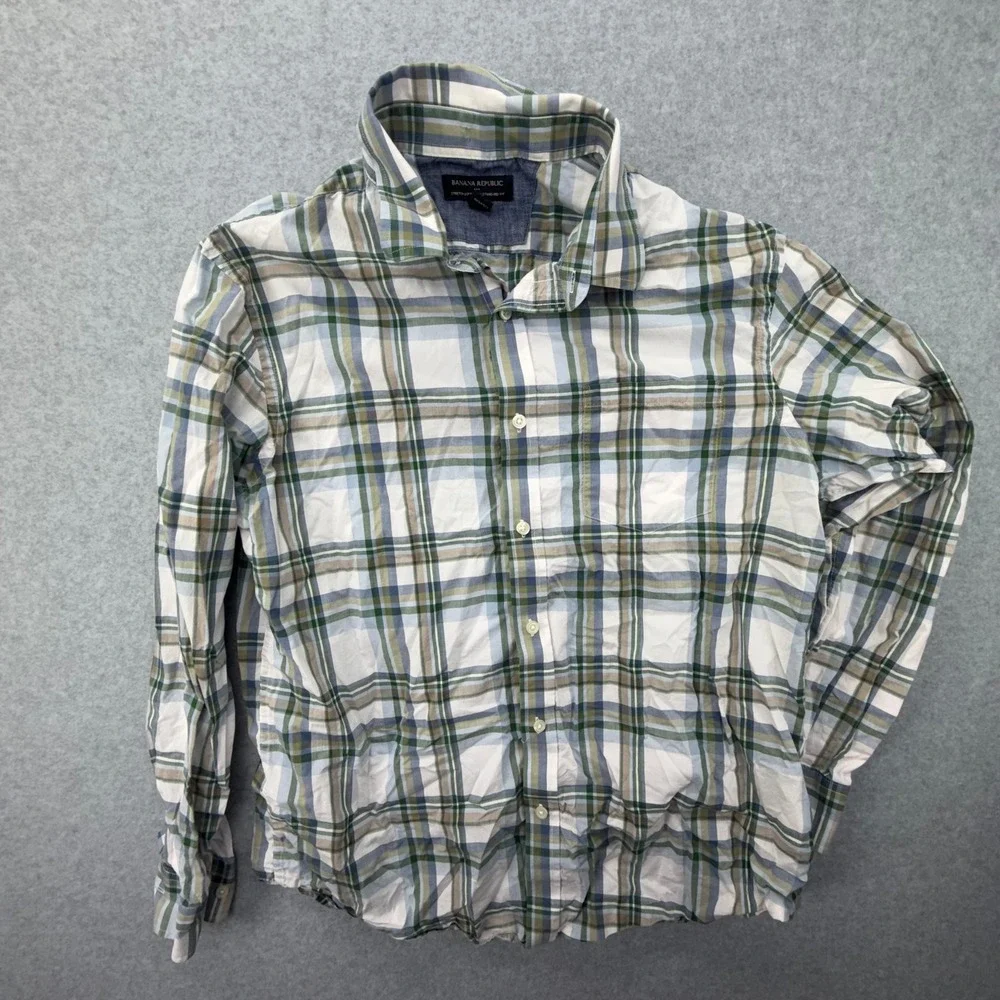 Banana Republic Mens Large Plaid Button Down Shirt Soft Wash Standard Fit Green
